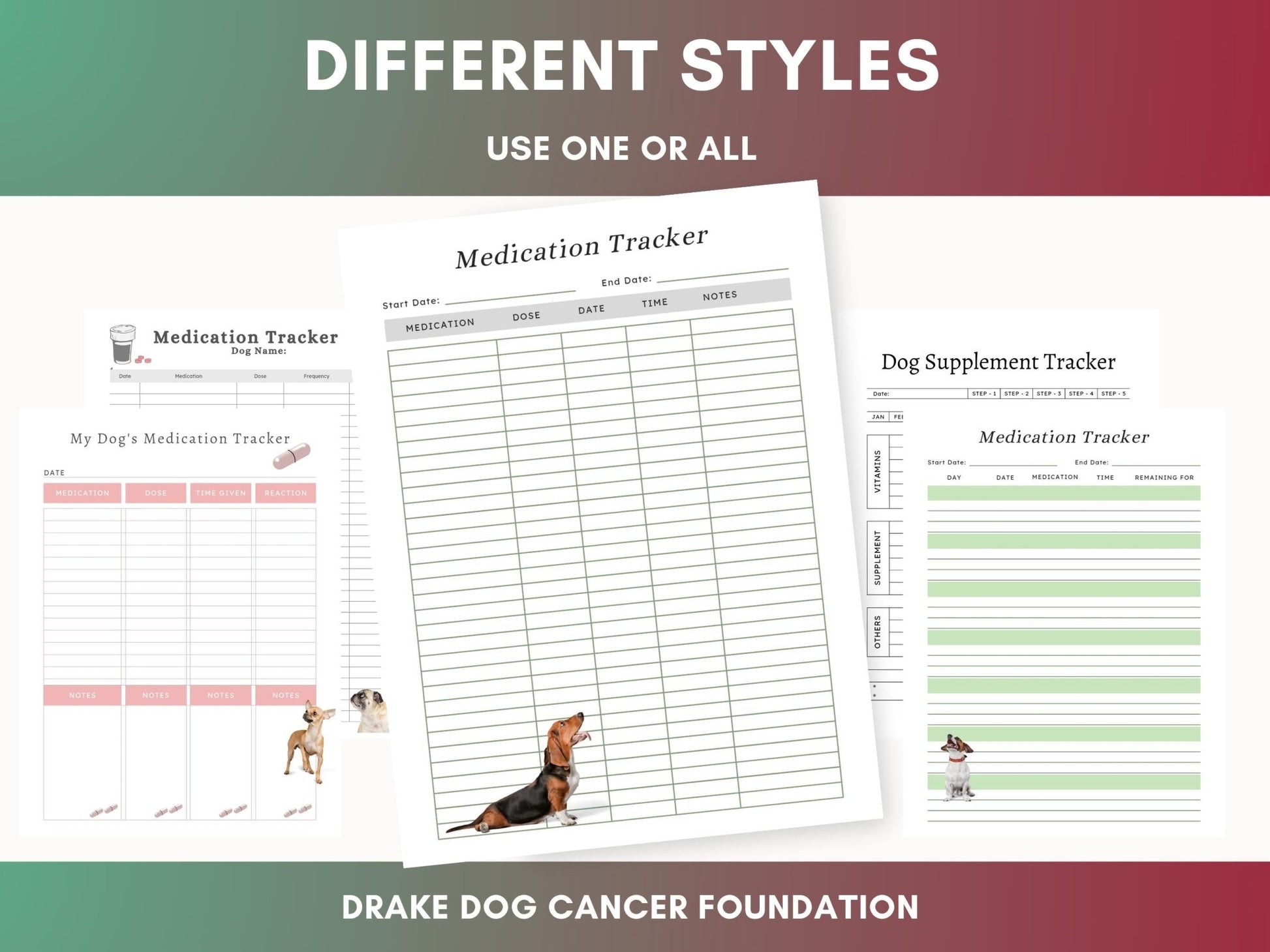 Dog Medication & Supplement Tracker Bundle: Printable Pet Health Charts for Multiple Medications - Drake Dog Cancer Foundation